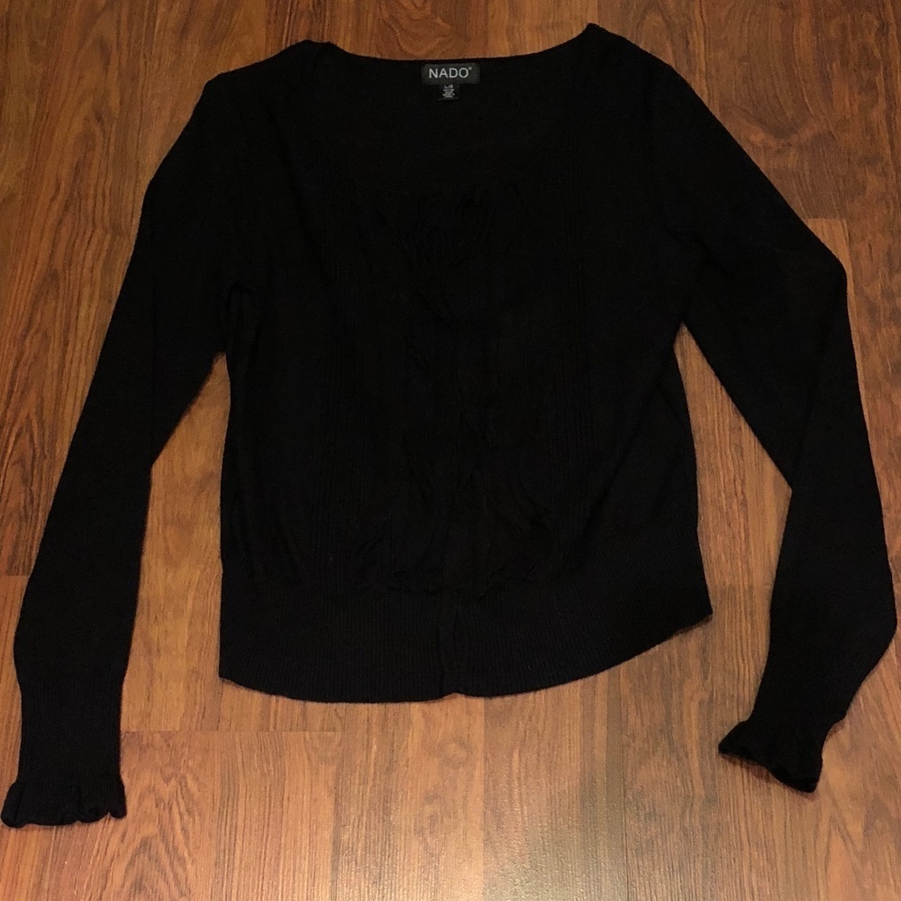 ⛱️Nado - Black Ruffle-Trim Cardigan Sweater - L